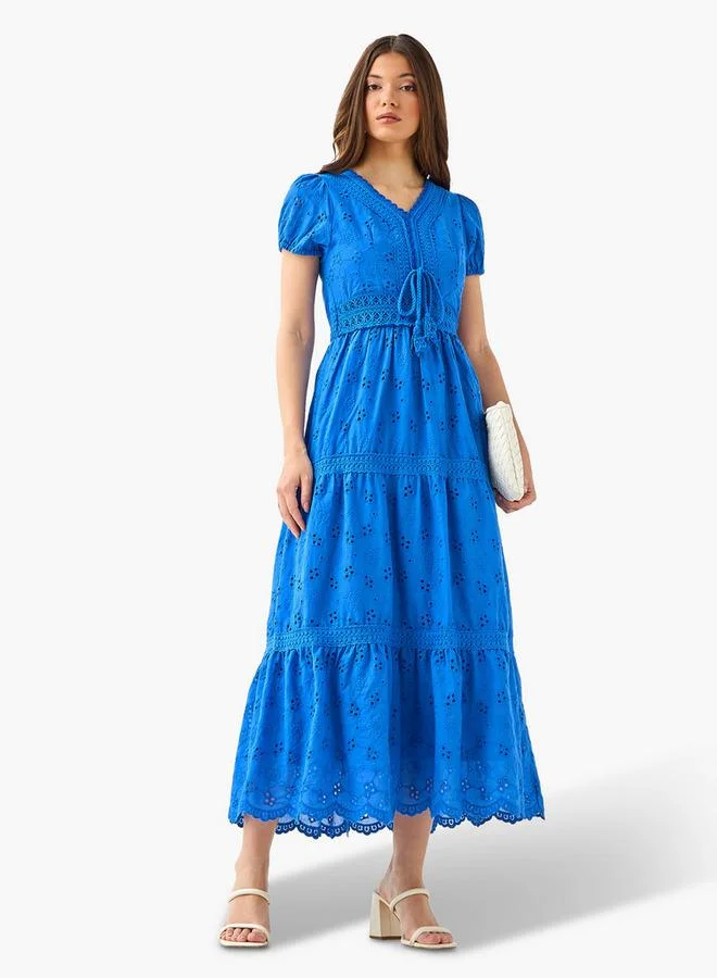 2Xtremz 2Xtremz A-line Midi Cotton Tiered Dress with Schiffli Embroidery